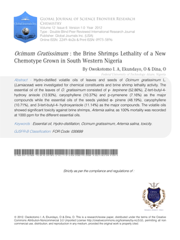 Ocimum Gratissimum : the Brine Shrimps Lethality of a New Chemotype Grown in South Western Nigeria by Owokotomo I