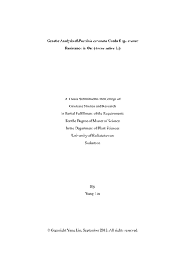 Genetic Analysis of Puccinia Coronata Corda F. Sp. Avenae Resistance in Oat (Avena Sativa L.)