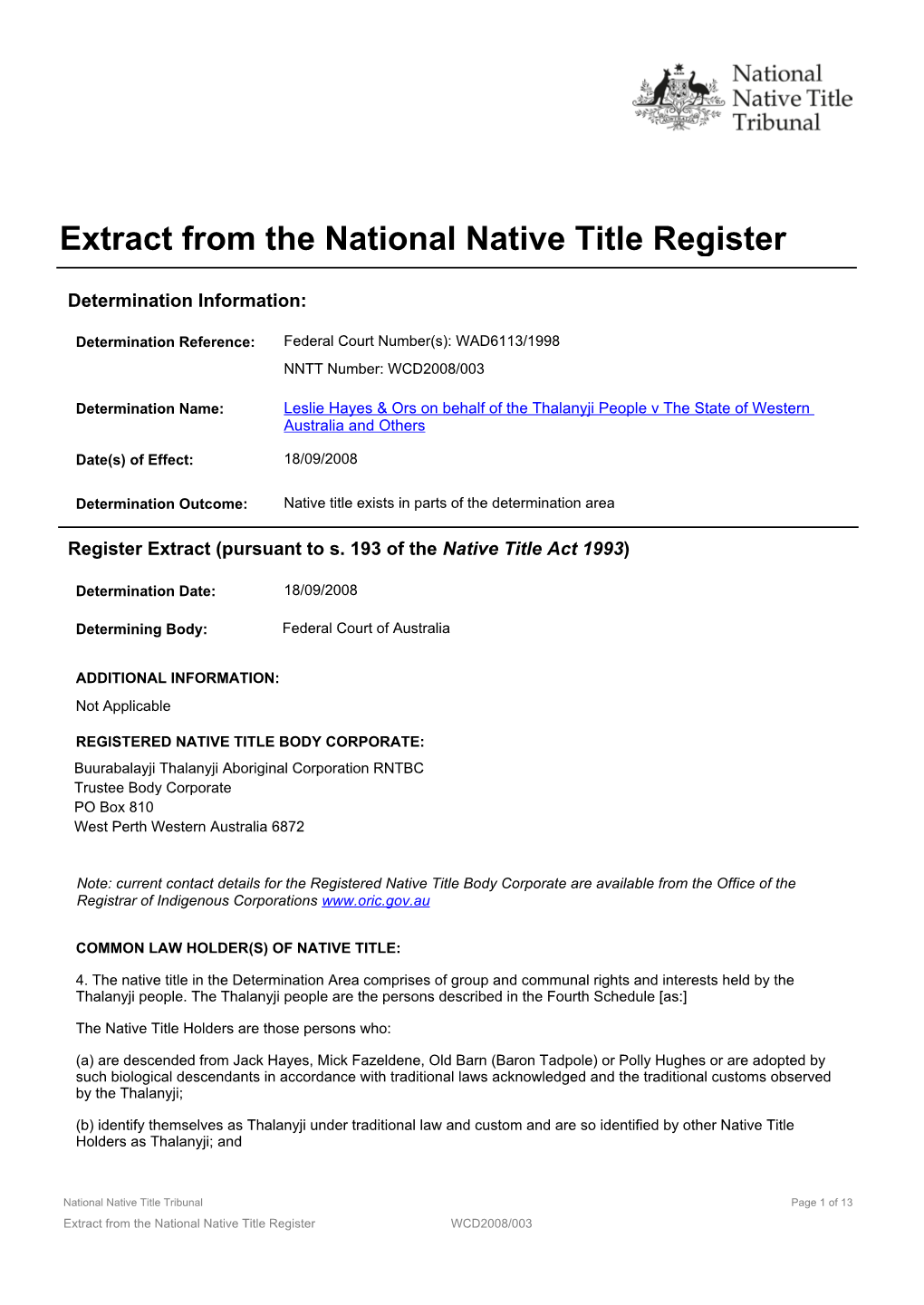 Extract from the National Native Title Register