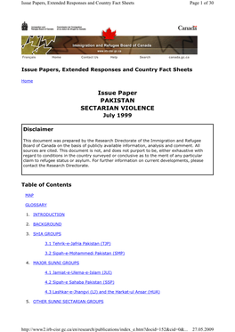 Issue Paper PAKISTAN SECTARIAN VIOLENCE July 1999