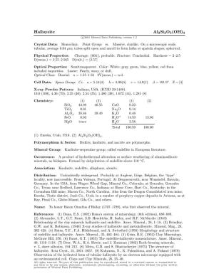 Halloysite Al2si2o5(OH)4 C 2001 Mineral Data Publishing, Version 1.2 ° Crystal Data: Monoclinic