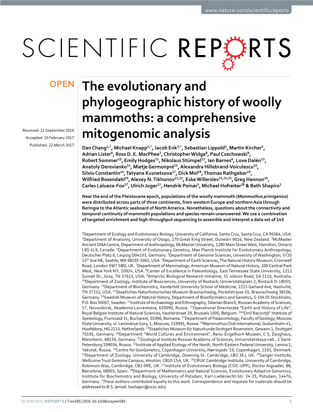 The Evolutionary and Phylogeographic History of Woolly Mammoths: a Comprehensive Mitogenomic Analysis