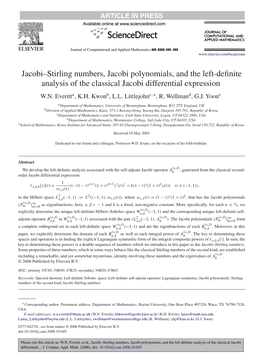 Jacobi–Stirling Numbers, Jacobi Polynomials, and the Left-Definite