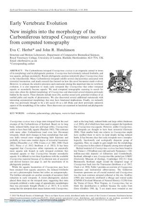 Early Vertebrate Evolution New Insights Into the Morphology of the Carboniferous Tetrapod Crassigyrinus Scoticus from Computed Tomography Eva C