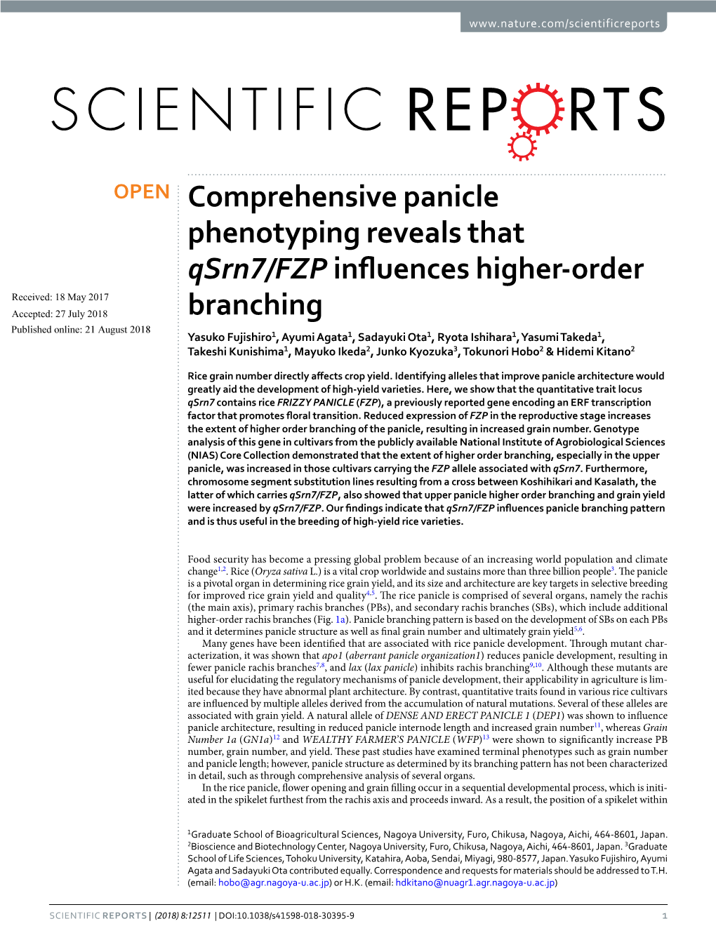 Comprehensive Panicle Phenotyping Reveals That Qsrn7/FZP