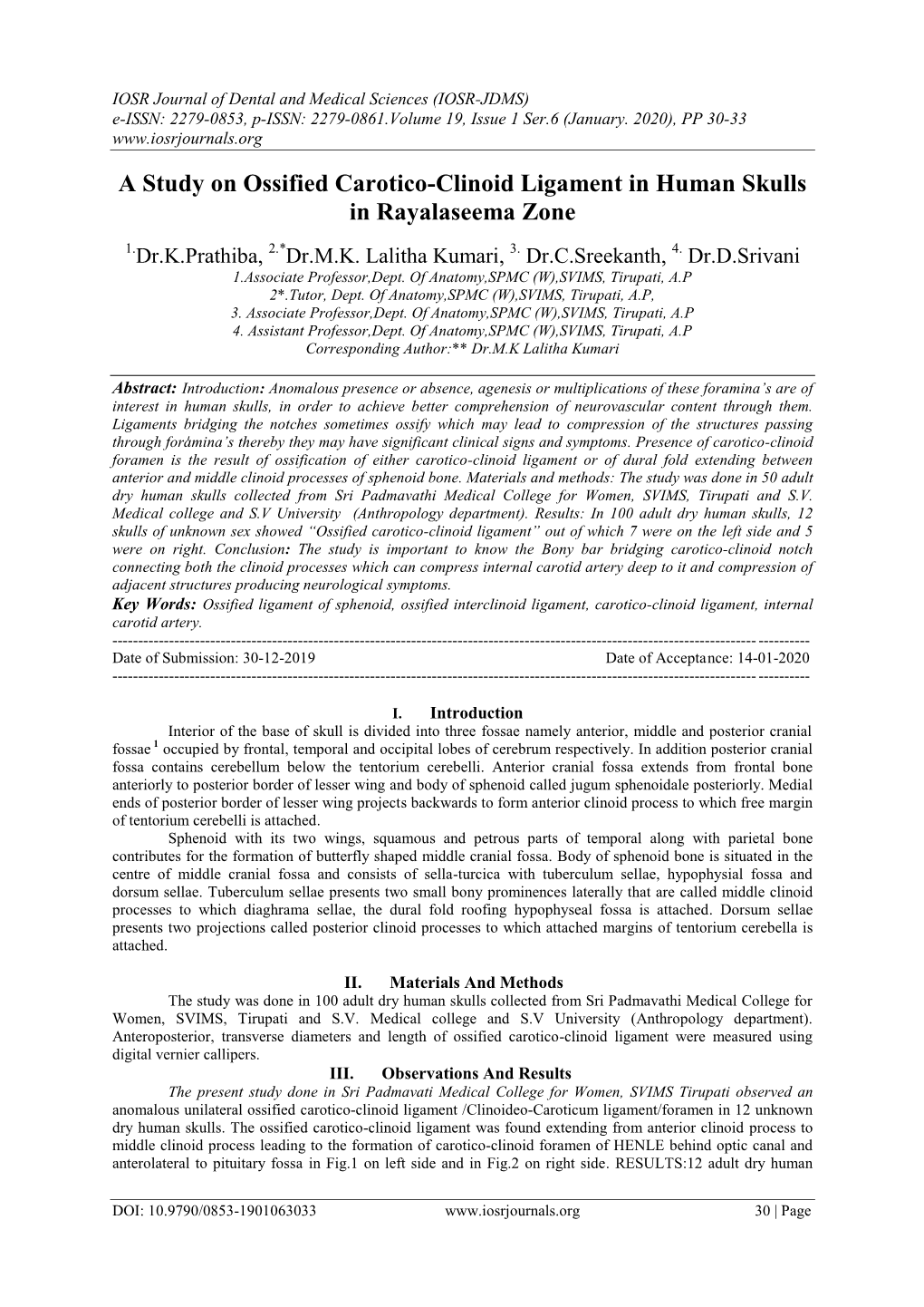 A Study on Ossified Carotico-Clinoid Ligament in Human Skulls in Rayalaseema Zone