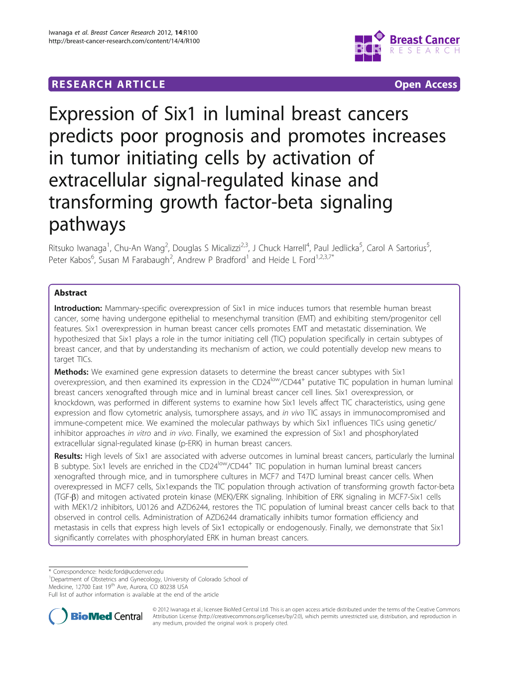 Expression of Six1 in Luminal Breast Cancers Predicts Poor Prognosis