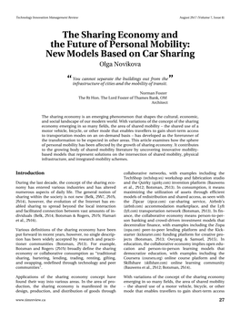 The Sharing Economy and the Future of Personal Mobility: New Models Based on Car Sharing Olga Novikova