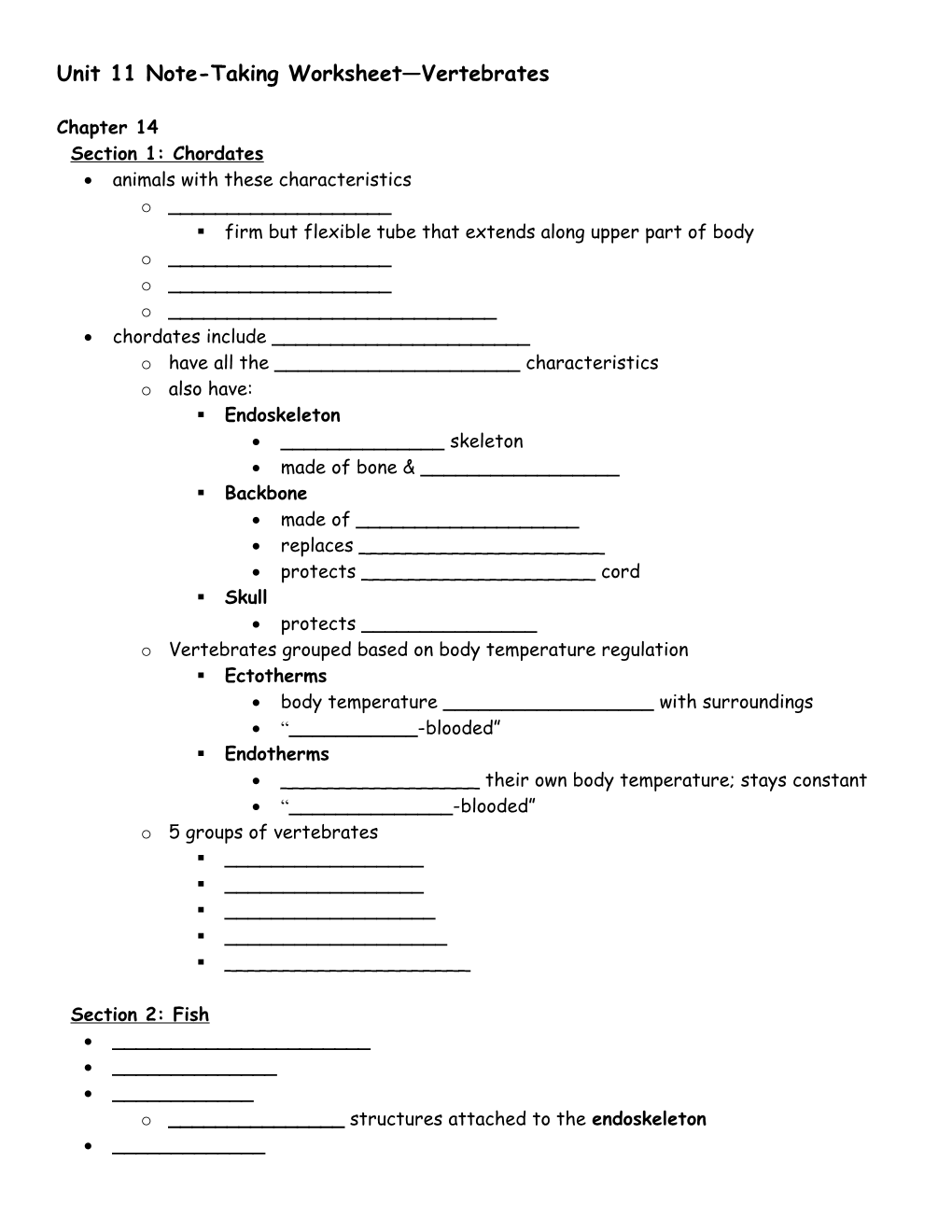 Unit 11 Note-Taking Worksheet Vertebrates