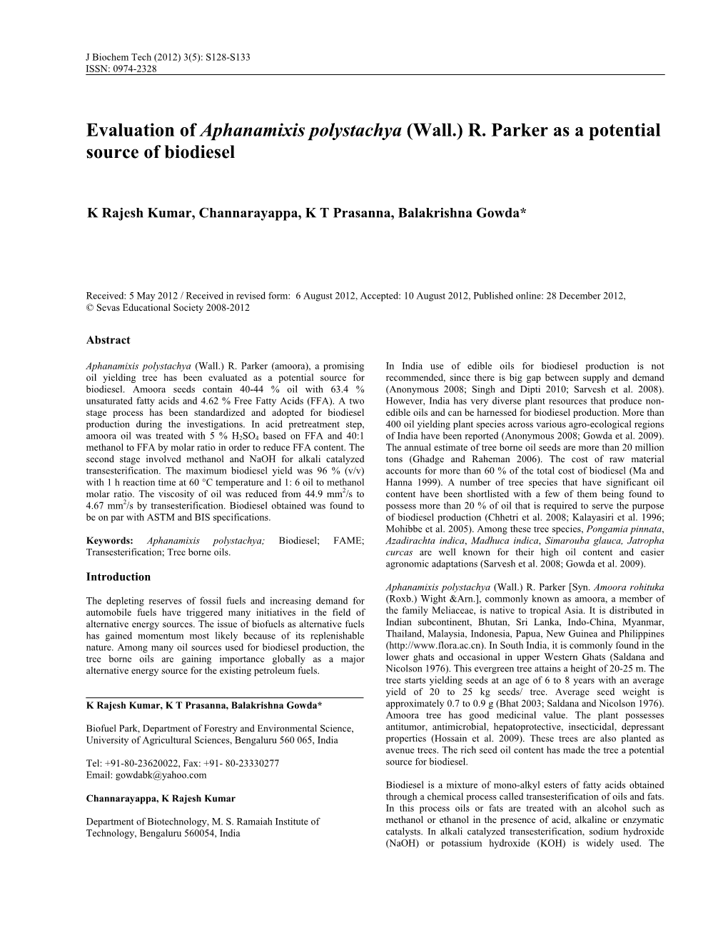 Evaluation of Aphanamixis Polystachya (Wall.) R. Parker As a Potential Source of Biodiesel