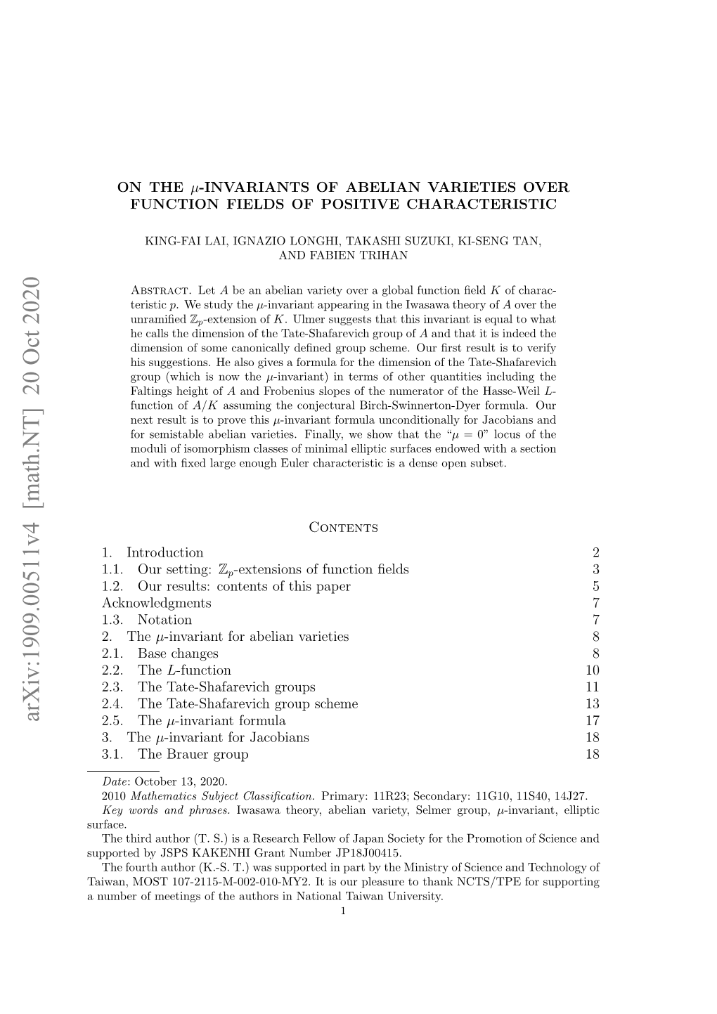 Arxiv:1909.00511V4 [Math.NT] 20 Oct 2020 Ubro Etnso H Uhr Nntoa Awnuniversity