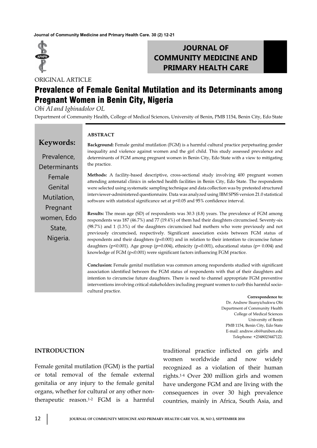 Prevalence of Female Genital Mutilation and Its Determinants