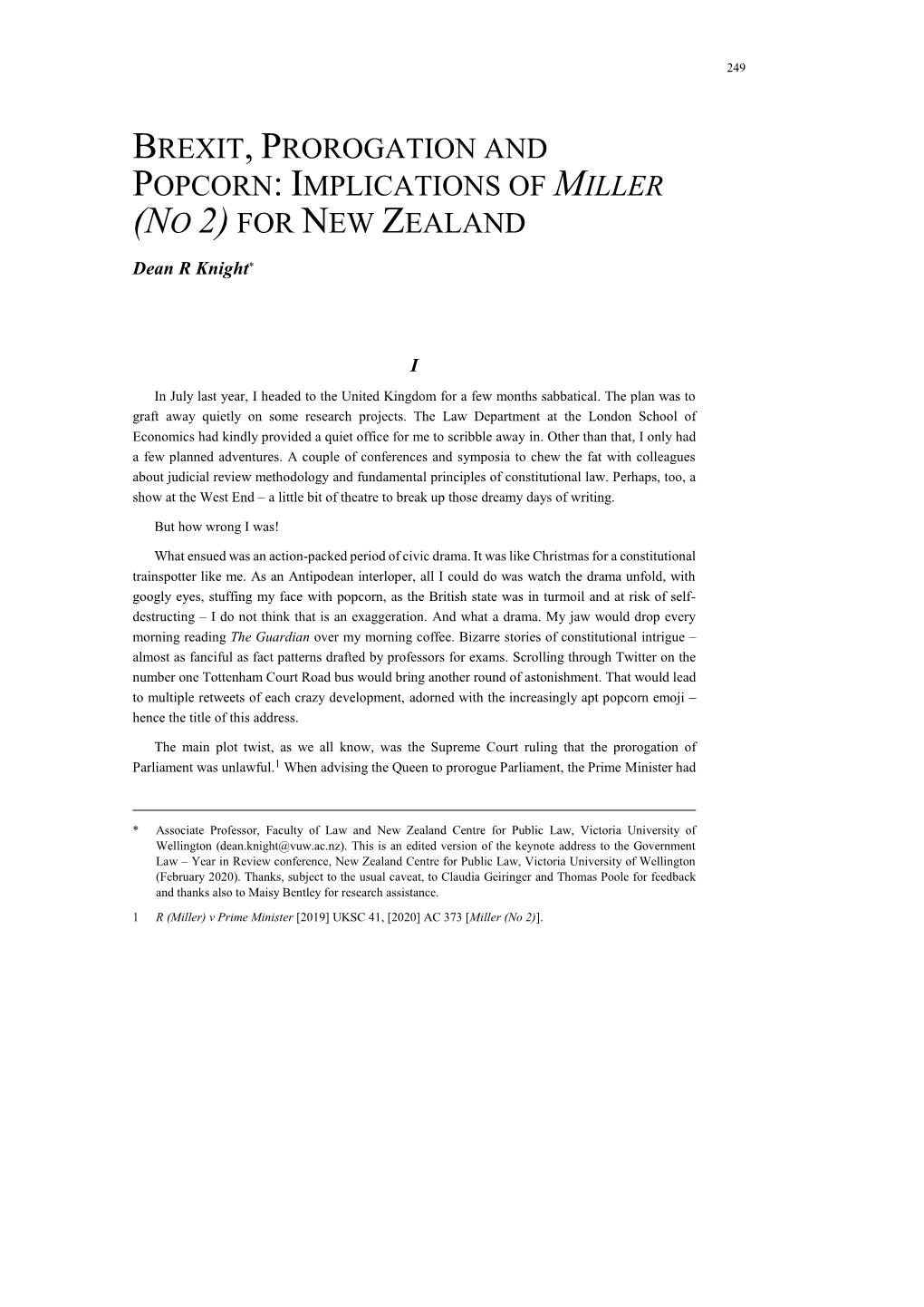 Brexit, Prorogation and Popcorn: Implications of Miller (No 2) for New Zealand