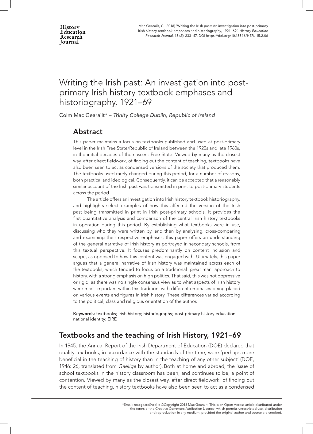 Writing the Irish Past: an Investigation Into Post-Primary Irish History Textbook Emphases and Historiography, 1921–69’