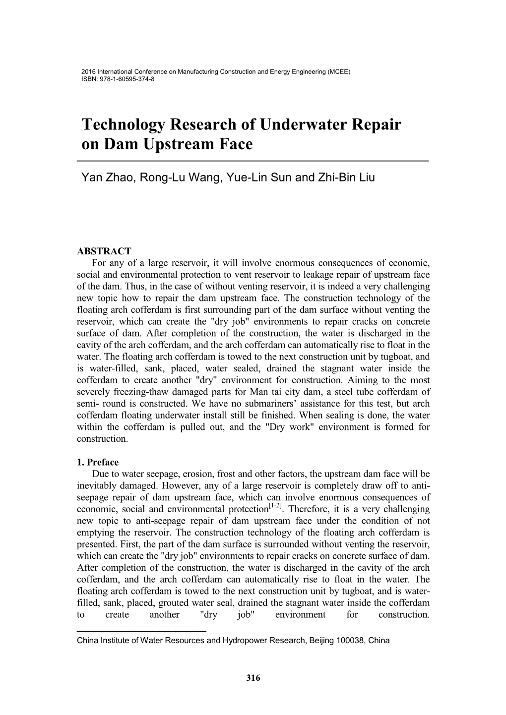 Technology Research of Underwater Repair on Dam Upstream Face