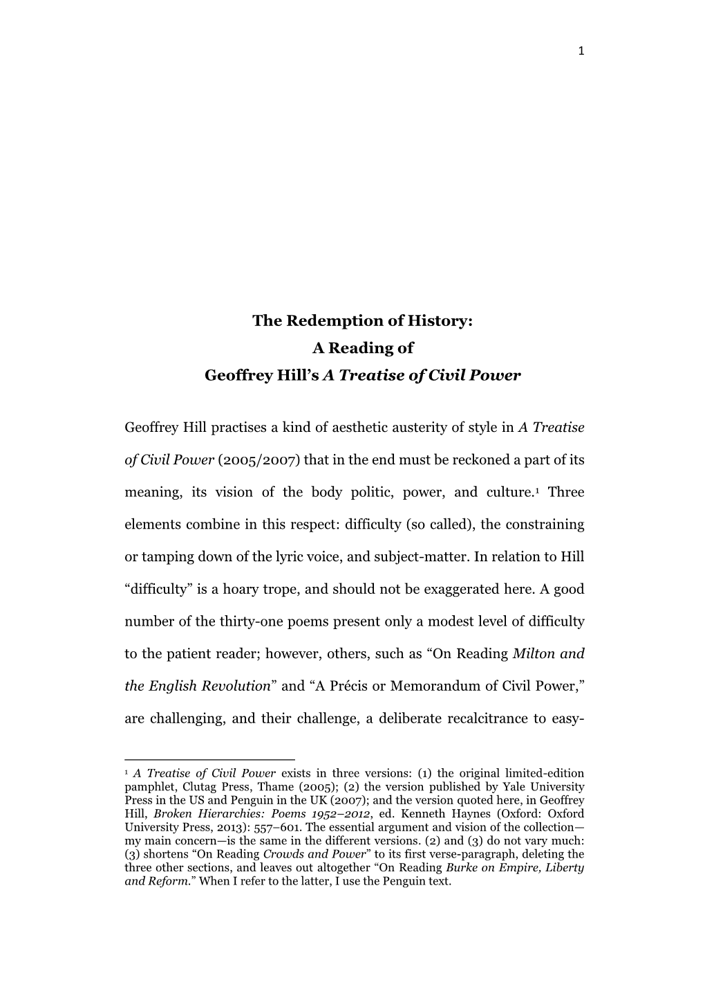 A Reading of Geoffrey Hill's a Treatise of Civil Power