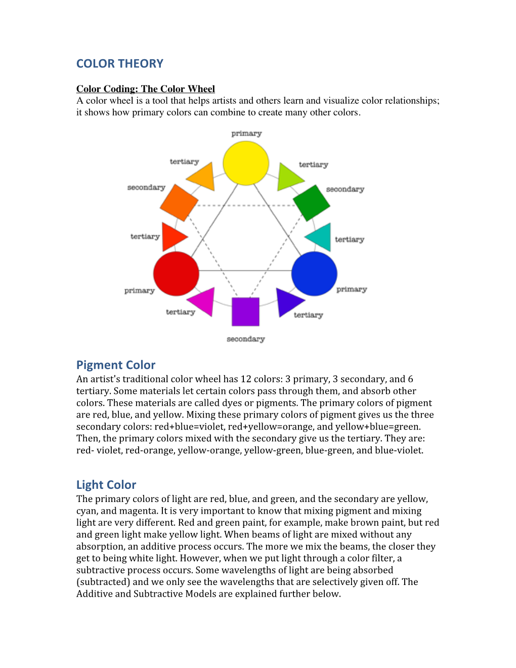 COLOR THEORY Pigment Color Light Color