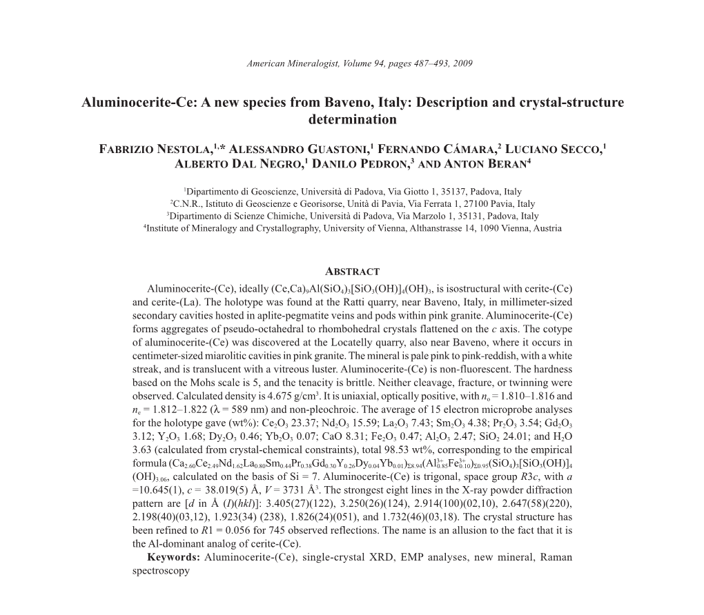 Aluminocerite-Ce: a New Species from Baveno, Italy: Description and Crystal-Structure Determination