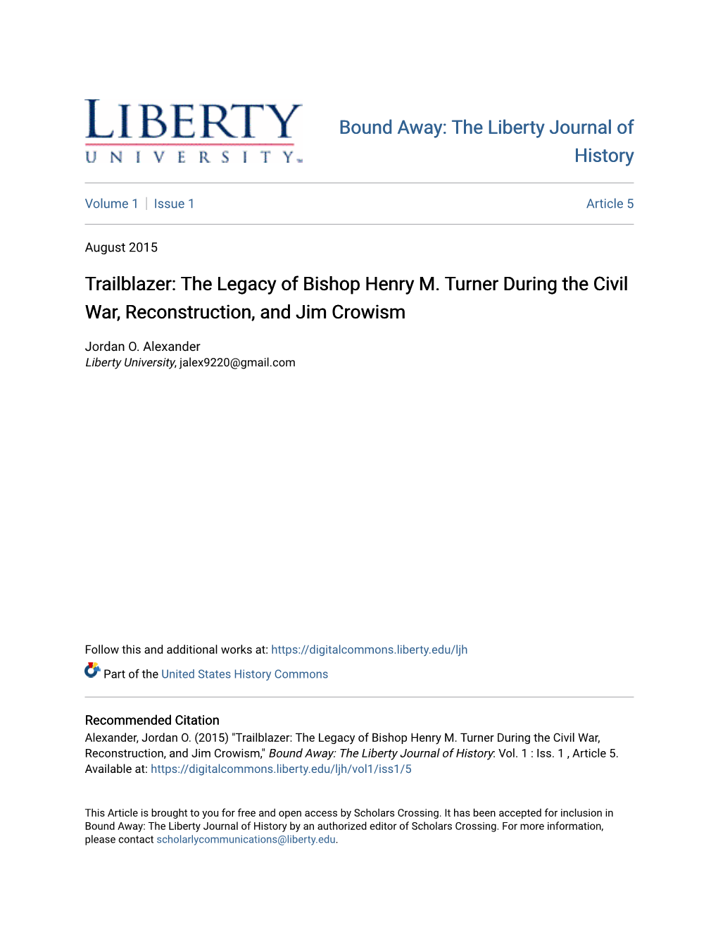 Trailblazer: the Legacy of Bishop Henry M. Turner During the Civil War, Reconstruction, and Jim Crowism