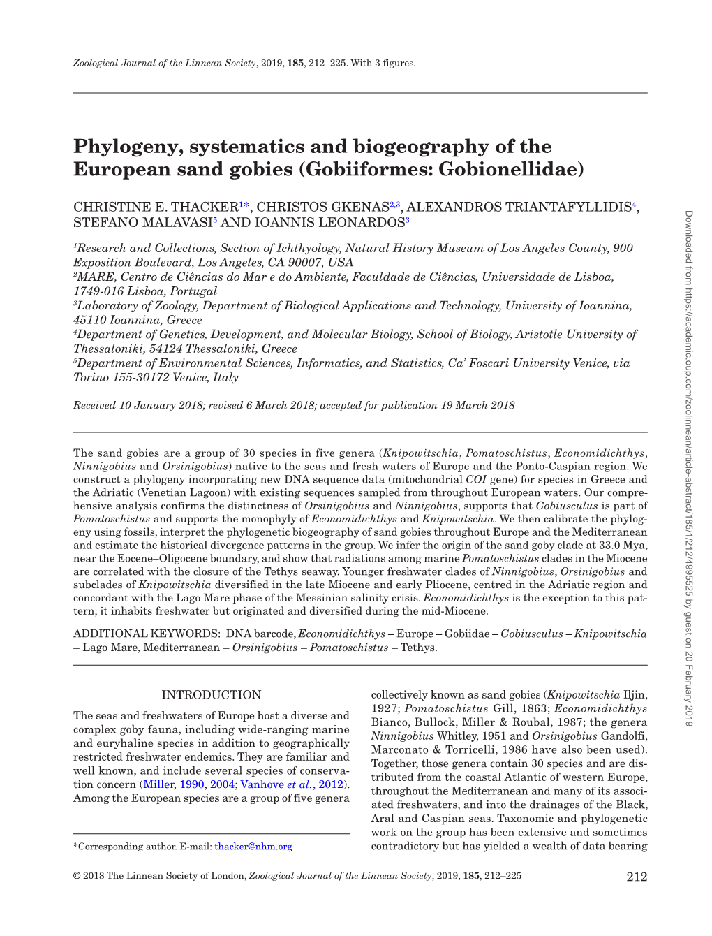 Phylogeny, Systematics and Biogeography of the European Sand Gobies (Gobiiformes: Gobionellidae)