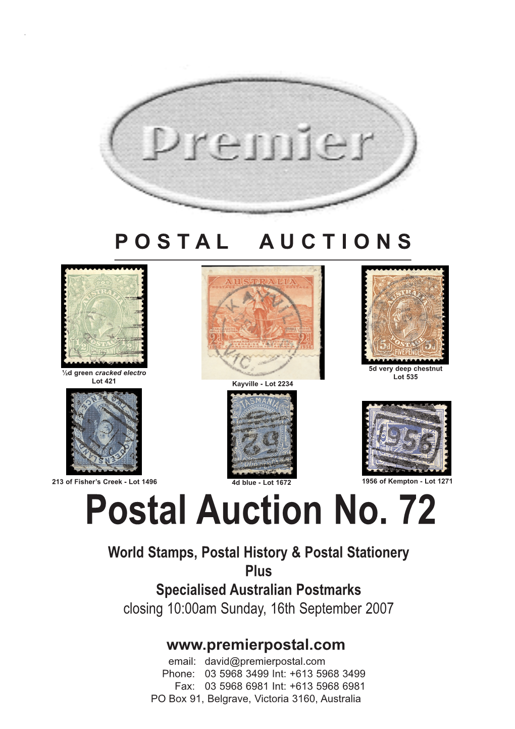 Postal Auction No. 72 World Stamps, Postal History & Postal Stationery Plus Specialised Australian Postmarks Closing 10:00Am Sunday, 16Th September 2007