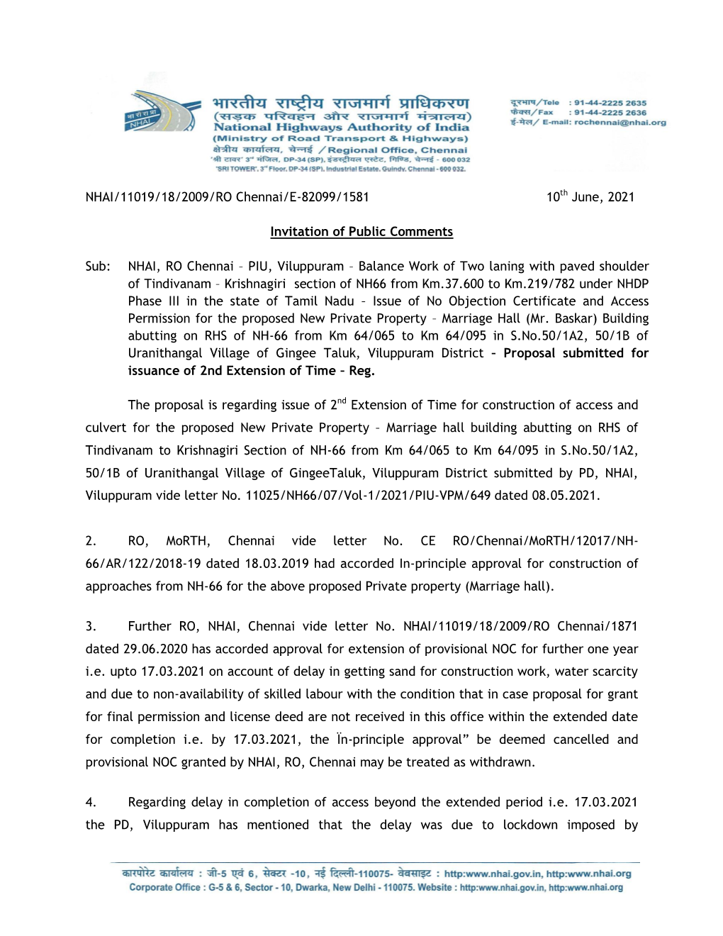 NHAI/11019/18/2009/RO Chennai/E-82099/1581 10Th June, 2021