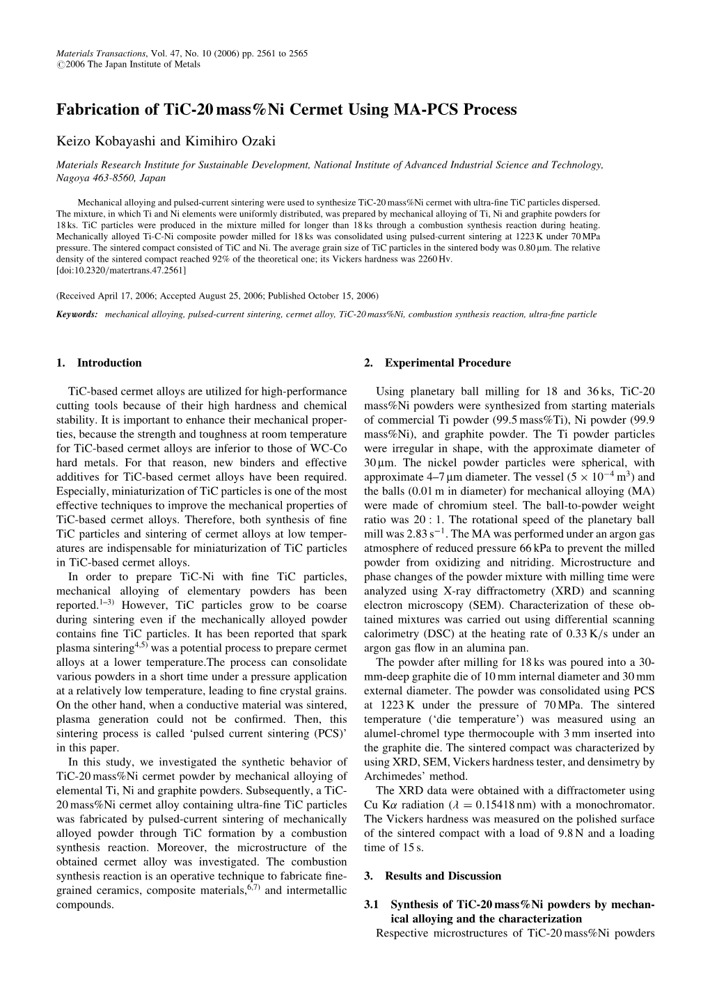 Fabrication of Tic-20Mass%Ni Cermet Using MA-PCS Process