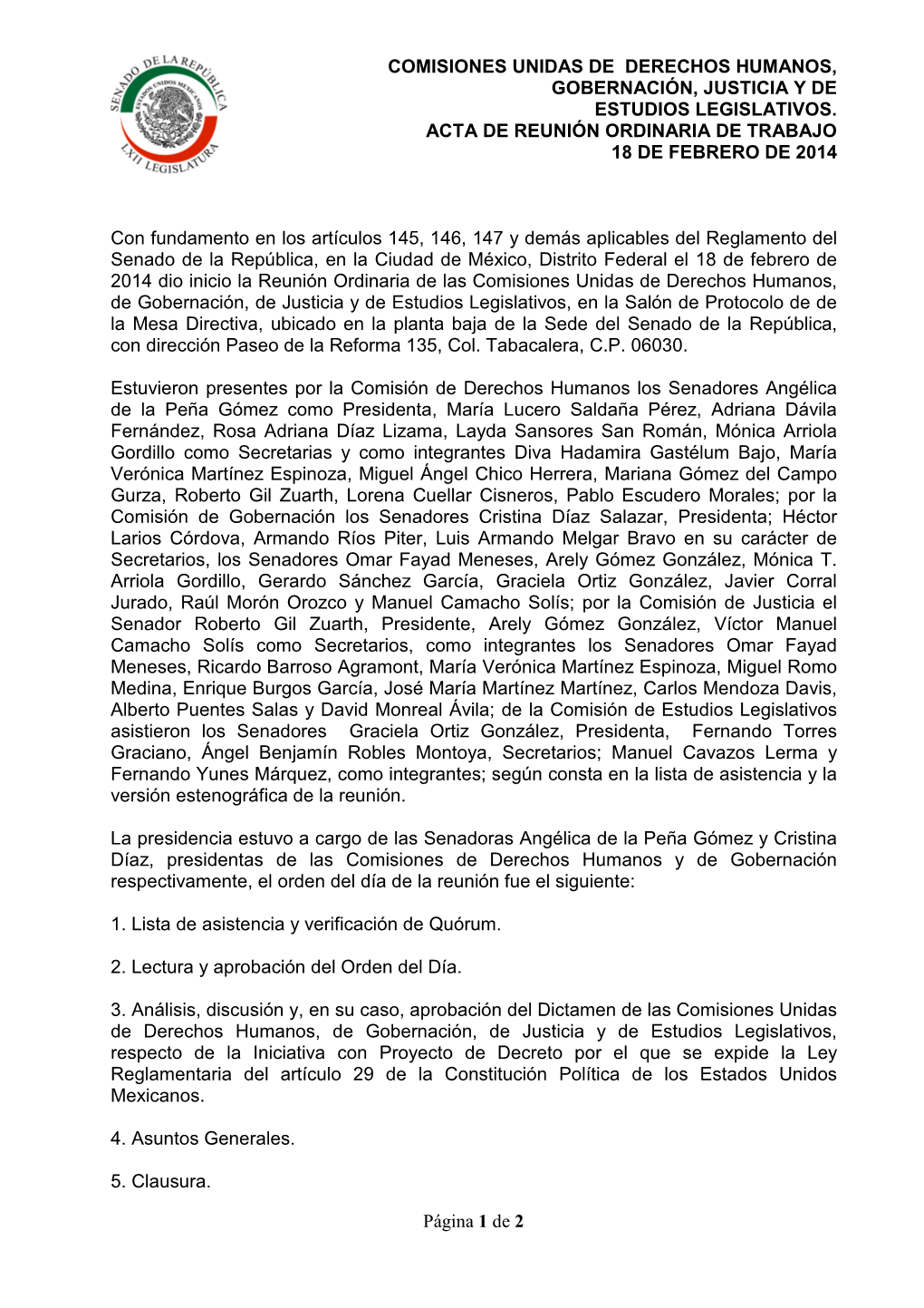 Comisiones Unidas De Derechos Humanos, Gobernación, Justicia Y De Estudios Legislativos