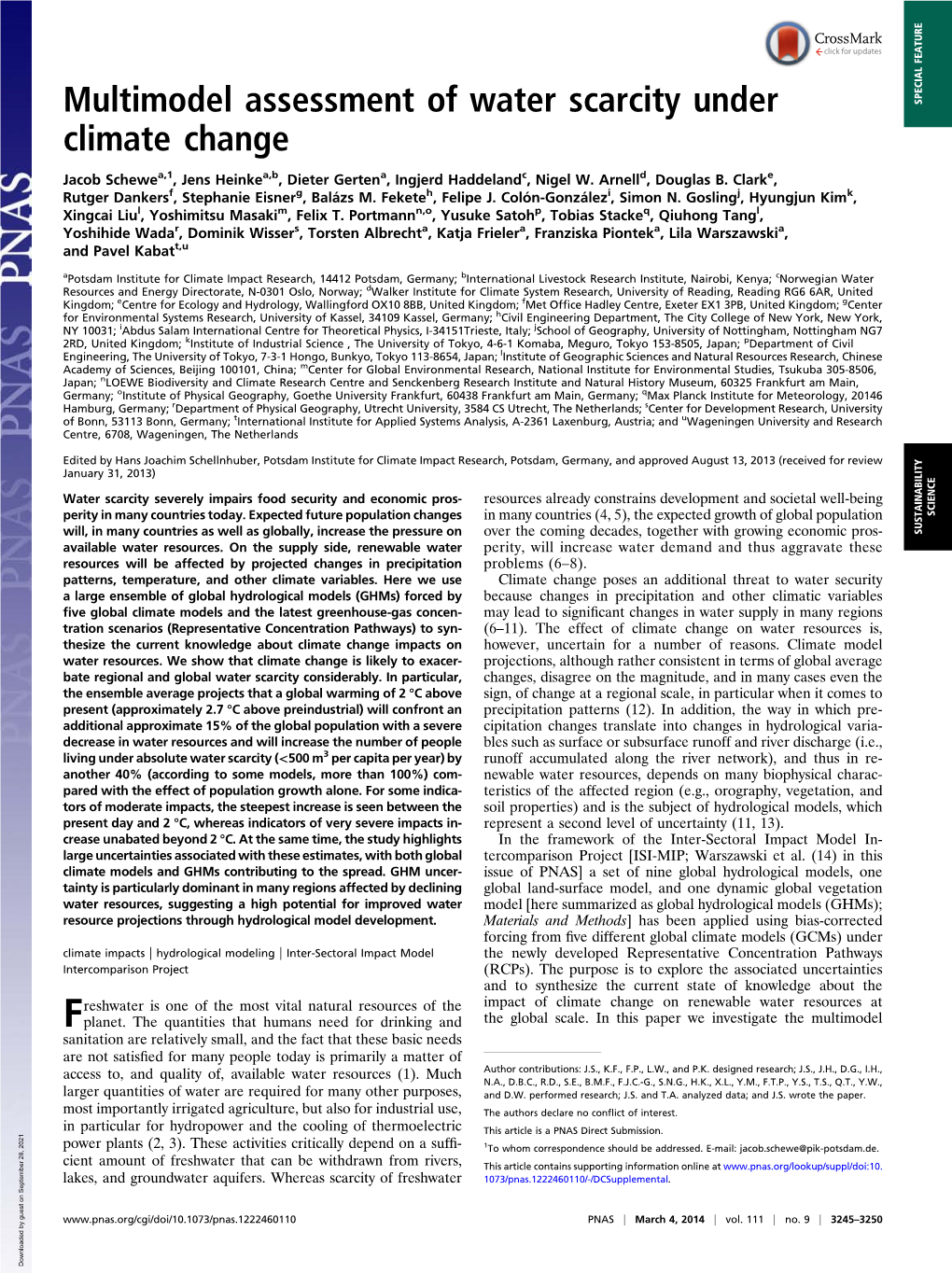 Multimodel Assessment of Water Scarcity Under Climate Change