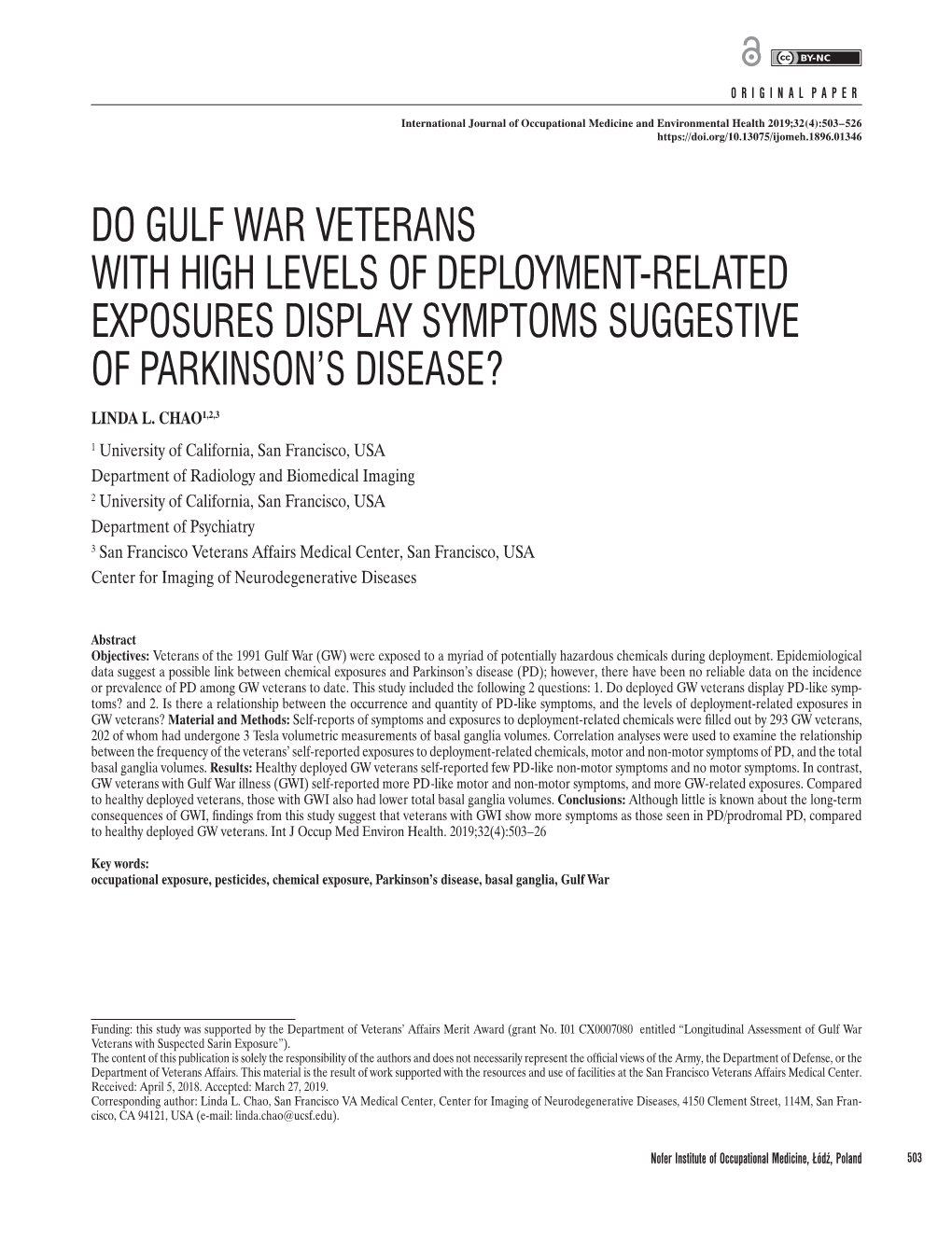 Do Gulf War Veterans with High Levels of Deployment-Related Exposures Display Symptoms Suggestive of Parkinson’S Disease? Linda L