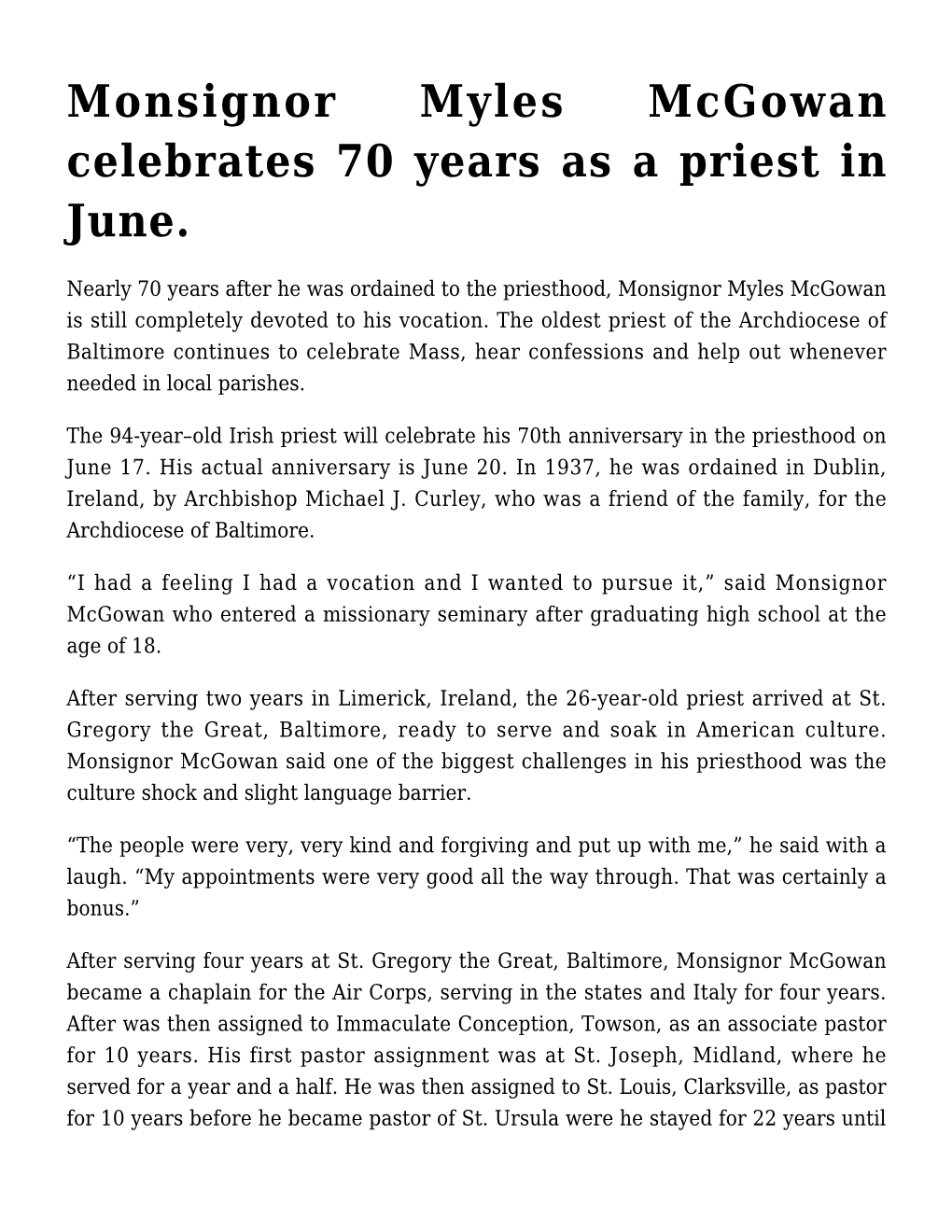 Monsignor Myles Mcgowan Celebrates 70 Years As a Priest in June