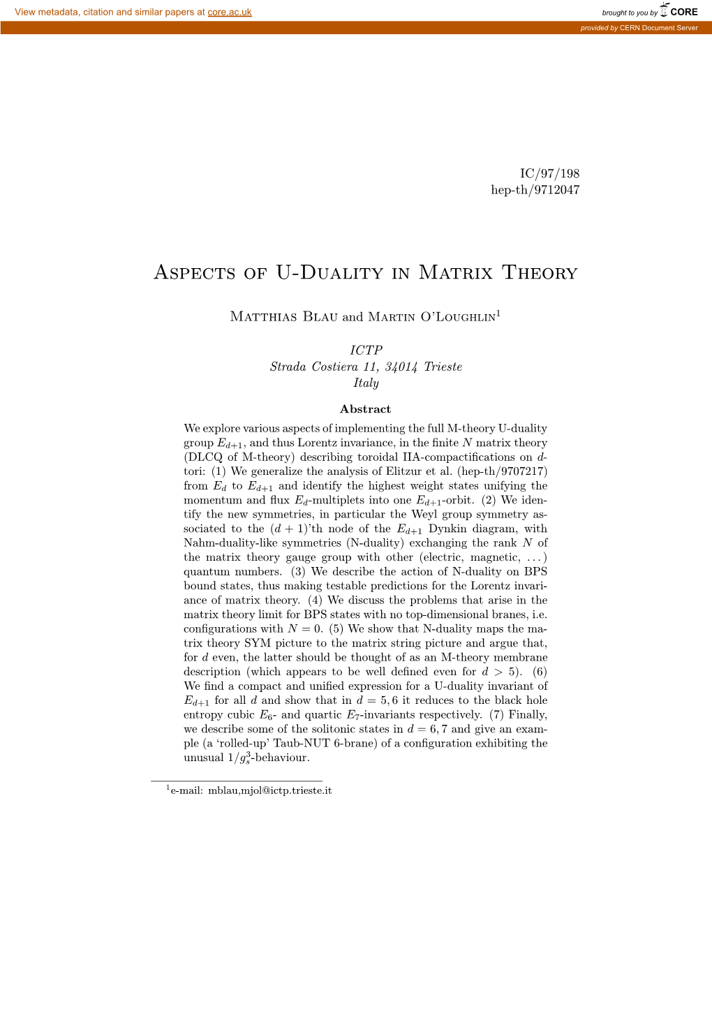 Aspects of U-Duality in Matrix Theory
