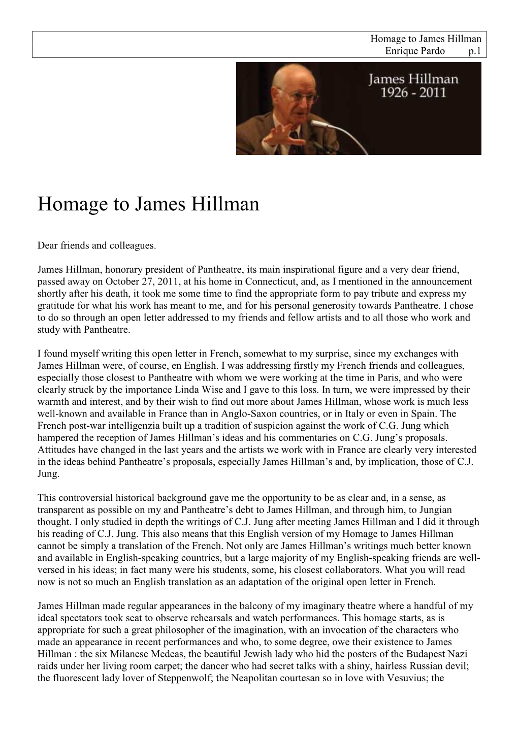 Homage to James Hillman Enrique Pardo P.1
