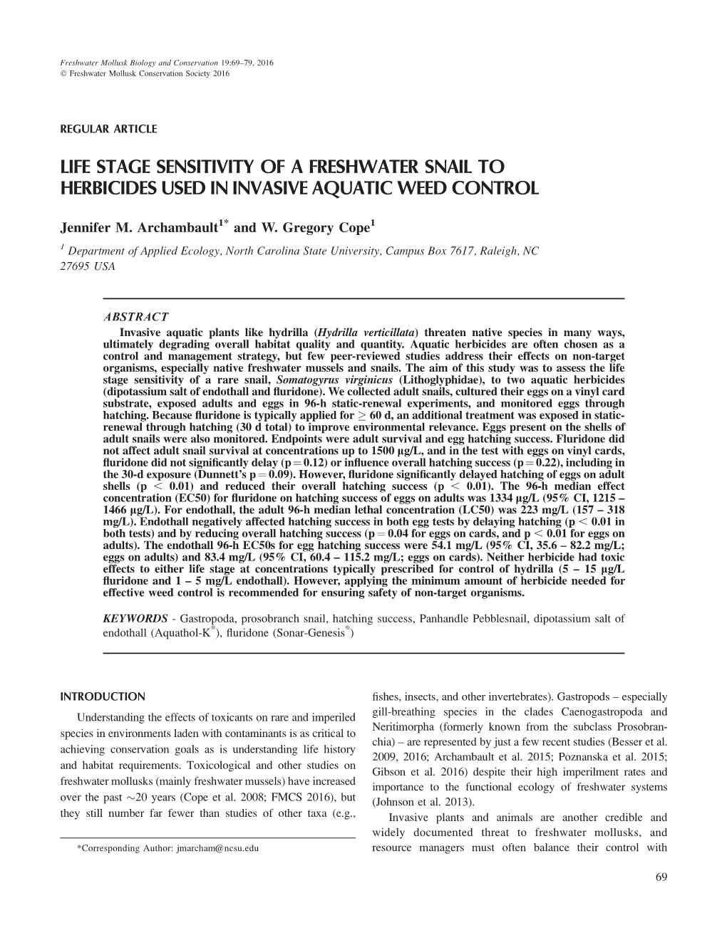 Life Stage Sensitivity of a Freshwater Snail to Herbicides Used in Invasive Aquatic Weed Control