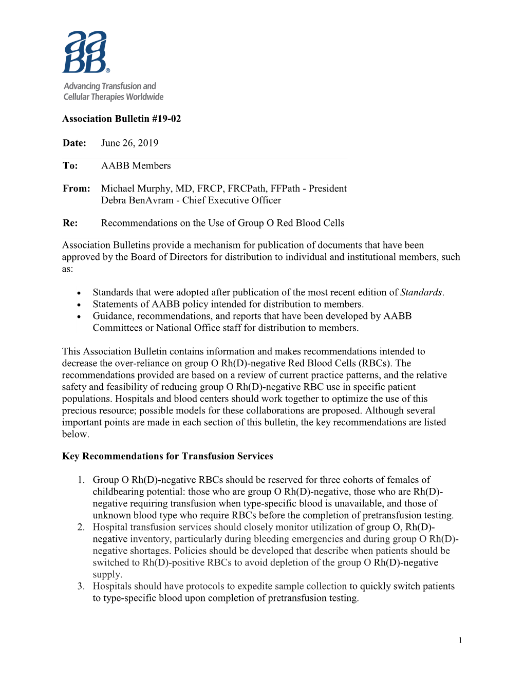 Recommendations on the Use of Group O Red Blood Cells