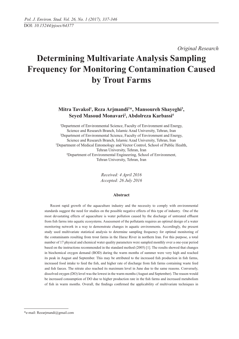 Determining Multivariate Analysis Sampling Frequency for Monitoring Contamination Caused by Trout Farms