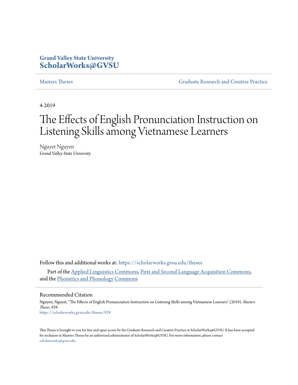 The Effects of English Pronunciation Instruction on Listening Skills Among Vietnamese Learners" (2019)