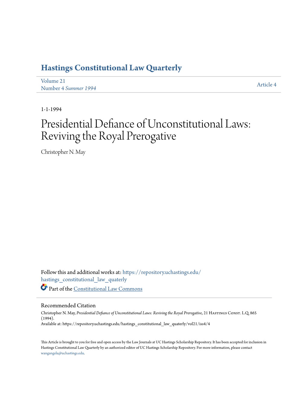 Presidential Defiance of Unconstitutional Laws: Reviving the Royal Prerogative Christopher N