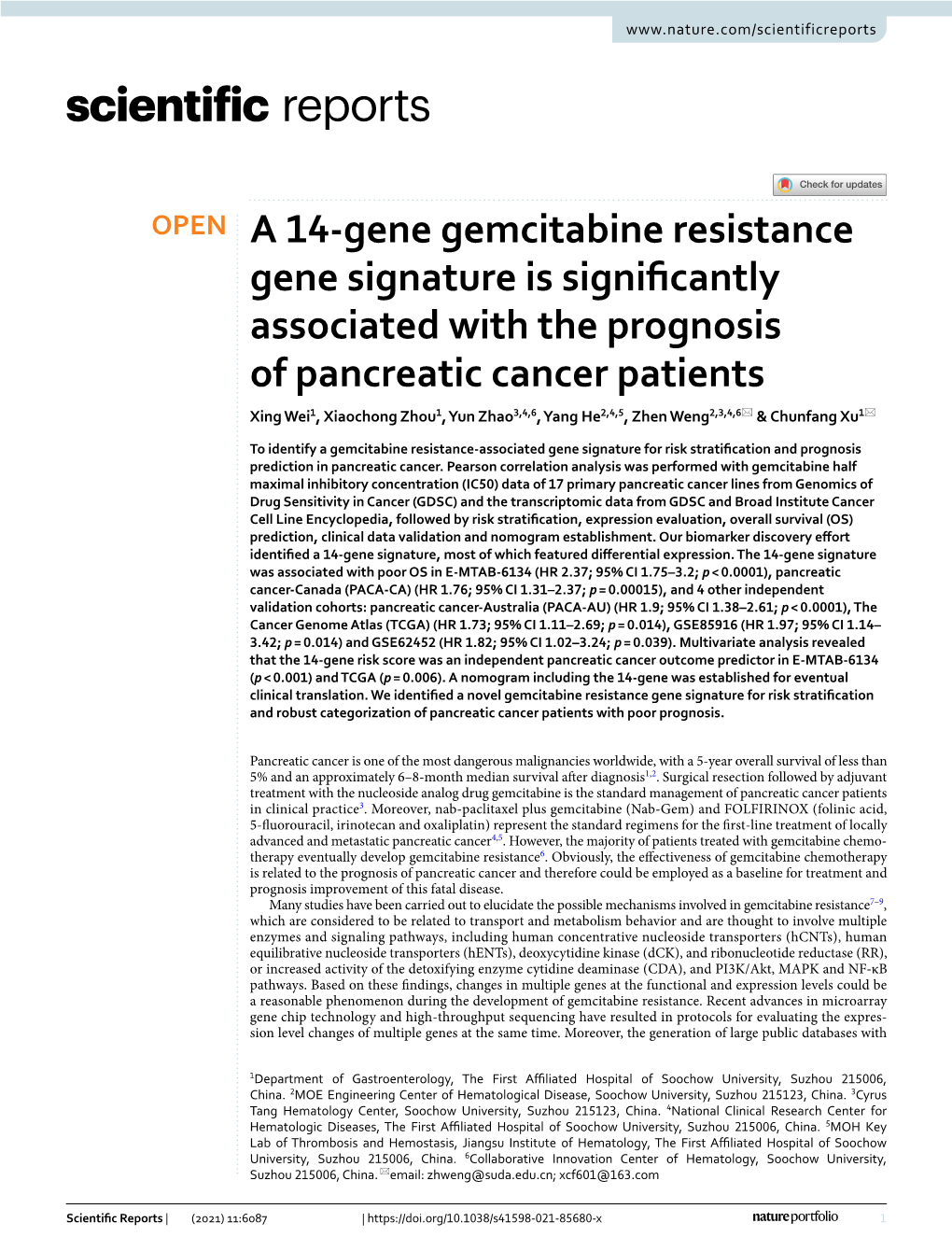 A 14-Gene Gemcitabine Resistance Gene Signature Is Significantly