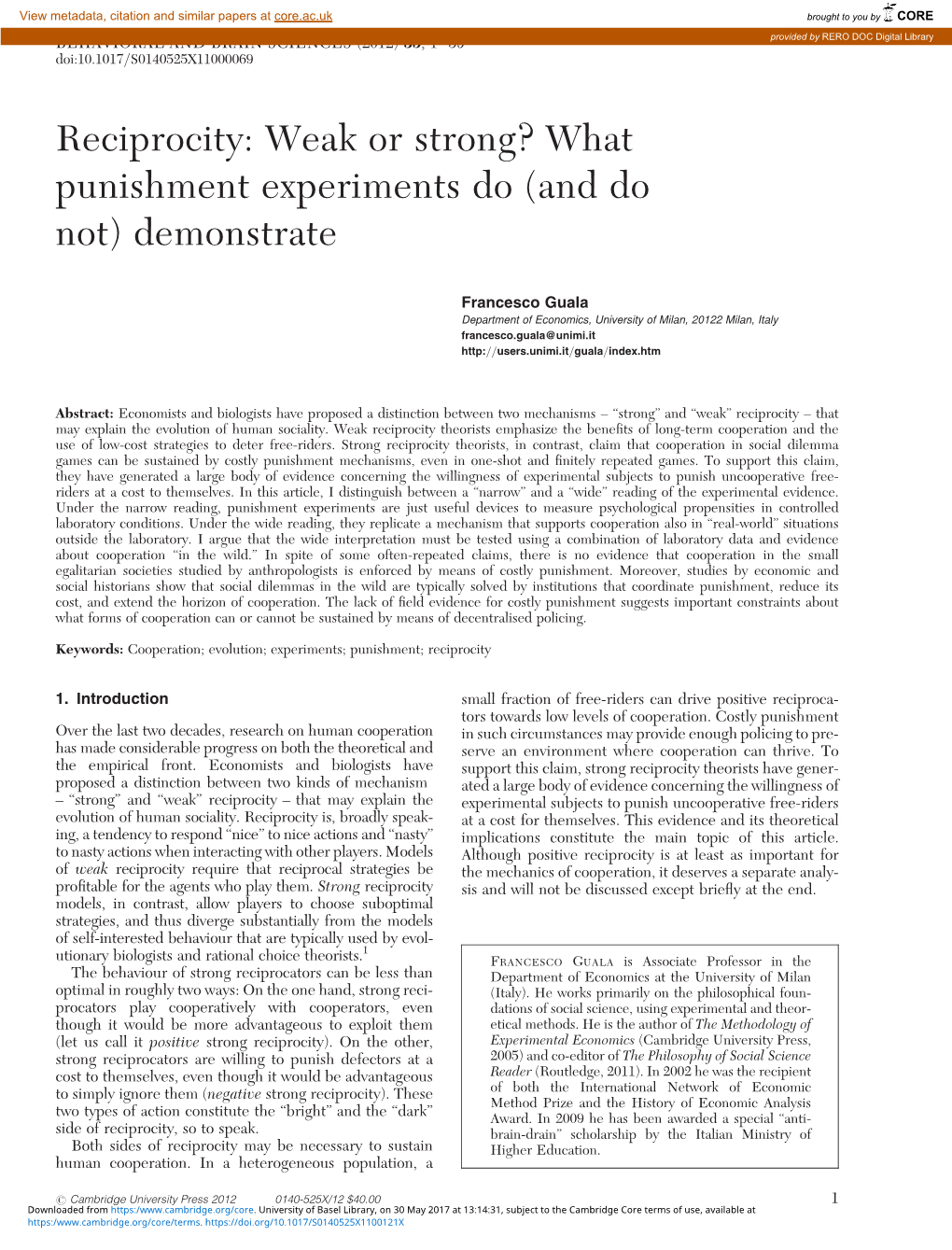 Reciprocity: Weak Or Strong? What Punishment Experiments Do (And Do Not) Demonstrate