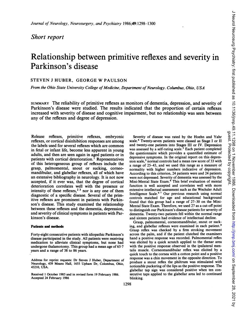 Relationship Between Primitive Reflexes and Severity in Parkinson's Disease