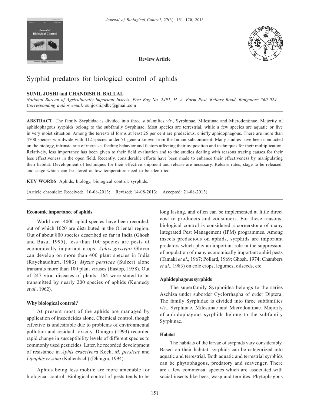 Syrphid Predators for Biological Control of Aphids