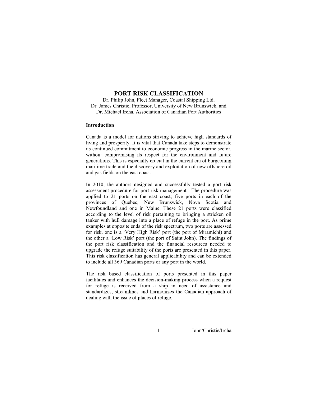 PORT RISK CLASSIFICATION Dr