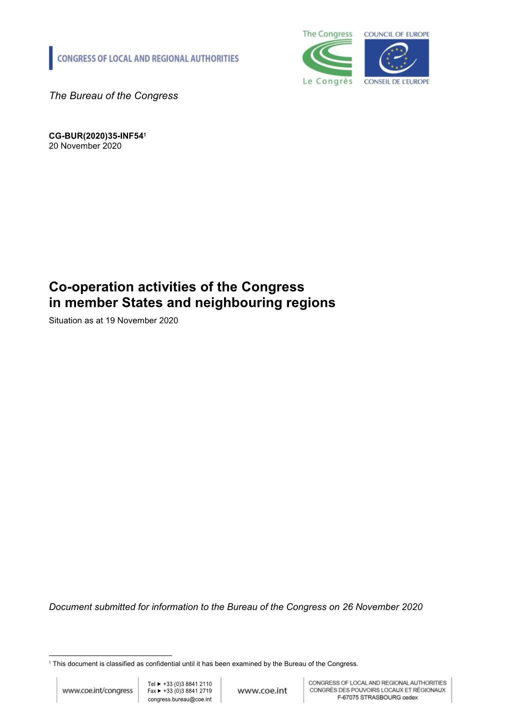 Co-Operation Activities of the Congress in Member States and Neighbouring Regions Situation As at 19 November 2020
