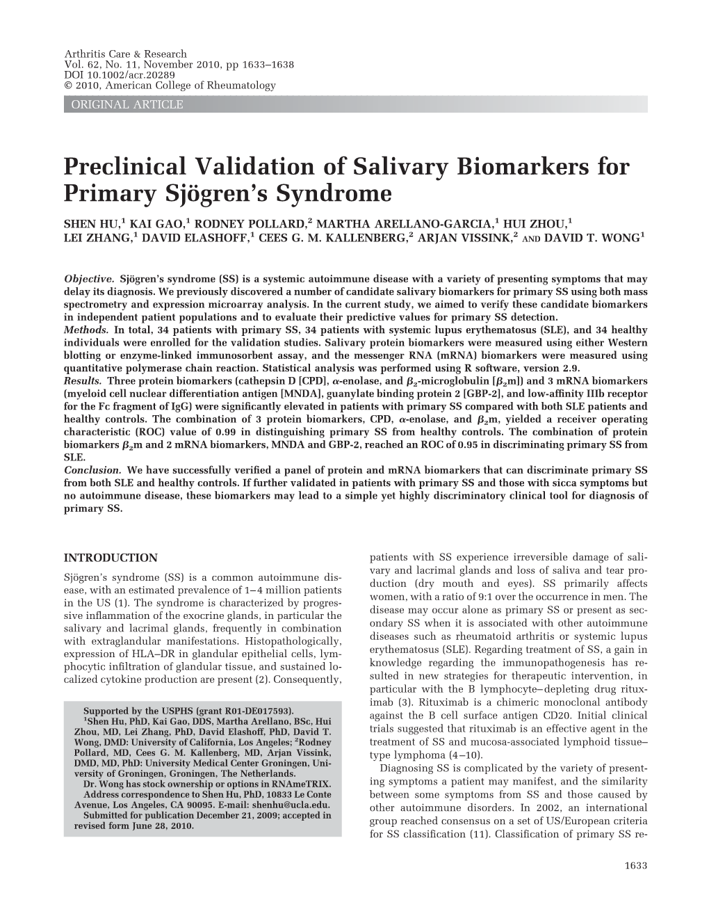 Preclinical Validation of Salivary Biomarkers for Primary Sjgren's Syndrome