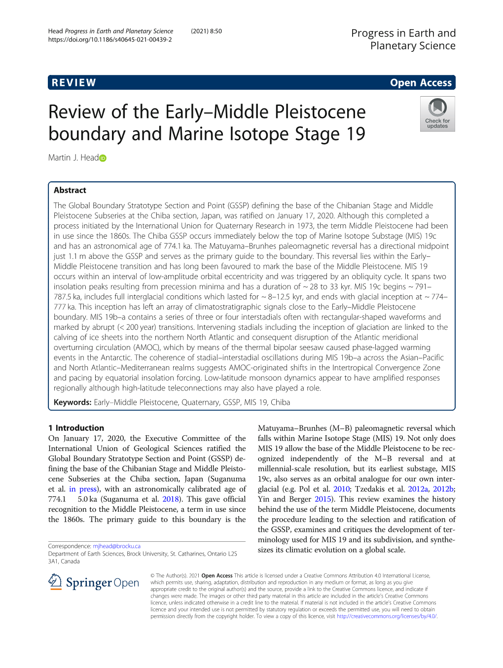 Review of the Early–Middle Pleistocene Boundary and Marine Isotope Stage 19 Martin J