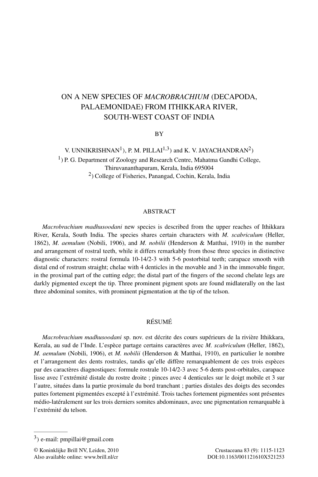 On a New Species of Macrobrachium (Decapoda, Palaemonidae) from Ithikkara River, South-West Coast of India