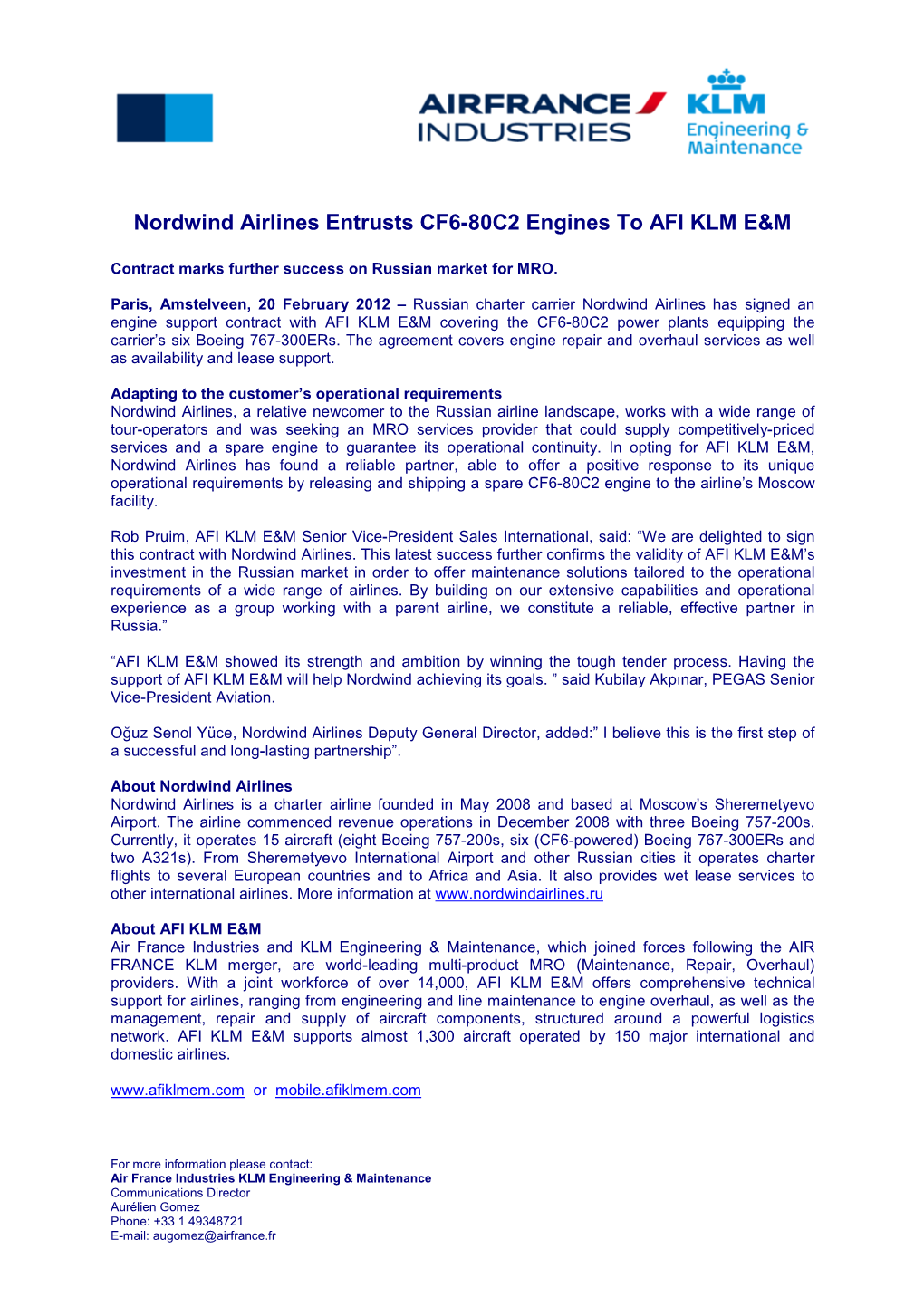 Nordwind Airlines Entrusts CF6-80C2 Engines to AFI KLM E&M