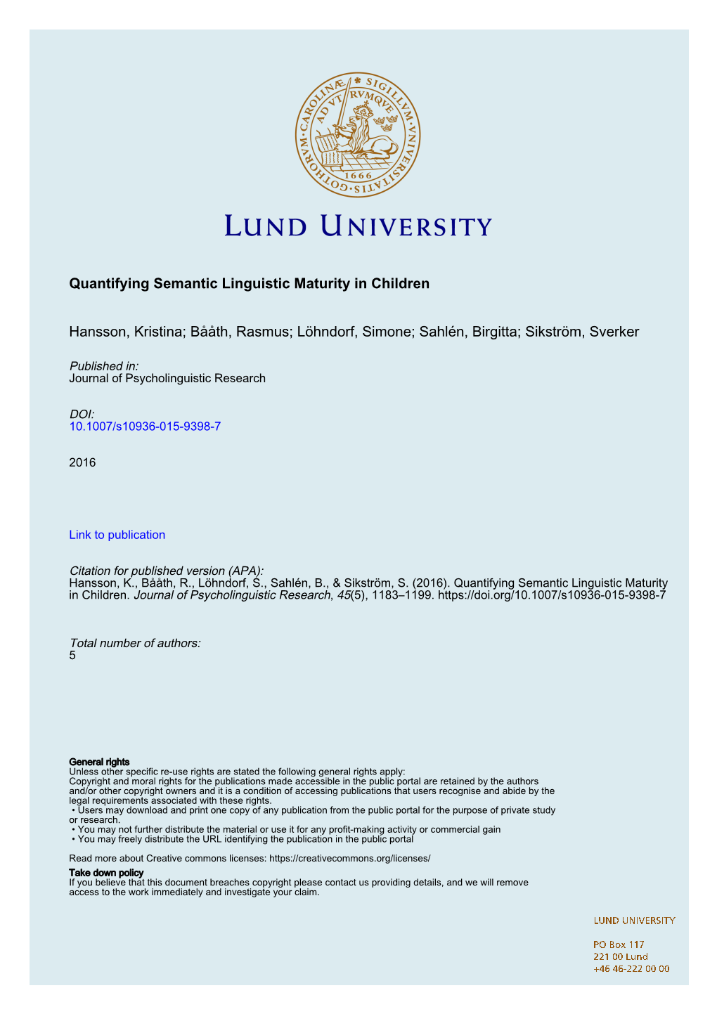 Quantifying Semantic Linguistic Maturity in Children Hansson, Kristina