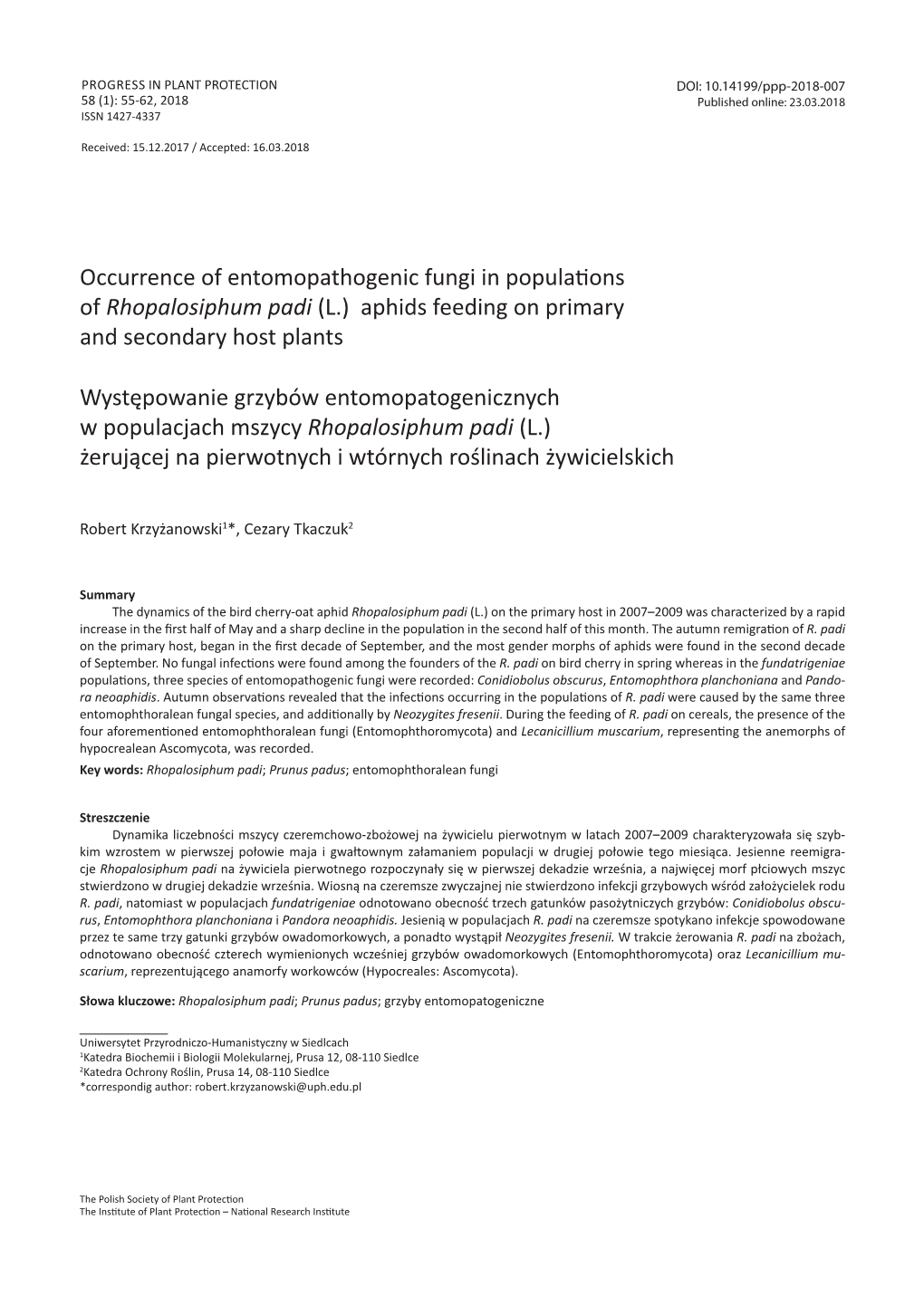 Occurrence of Entomopathogenic Fungi in Populations of Rhopalosiphum Padi (L.) Aphids Feeding on Primary and Secondary Host Plants